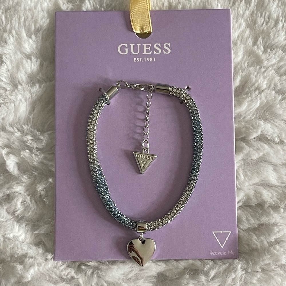 Guess Blue Ombre Crystal Heart Charm Flex Bracelet Silver Tone NWT